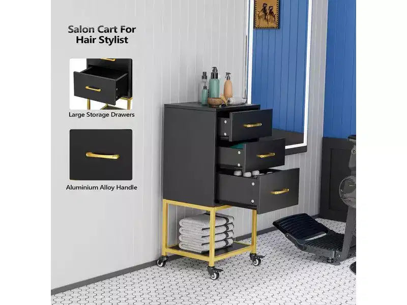 Karl Home Carrello portaoggetti nero in legno con ruote e 3 cassetti