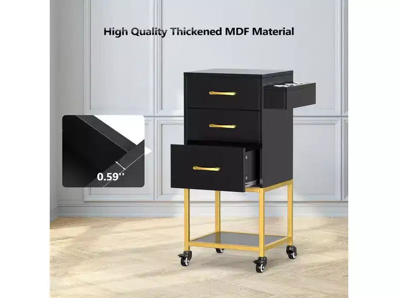Karl Home Carrello portaoggetti nero in legno con ruote e 3 cassetti