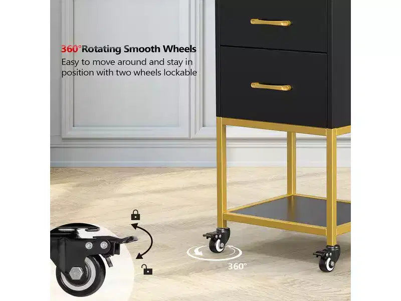 Karl Home Carrello portaoggetti nero in legno con ruote e 3 cassetti