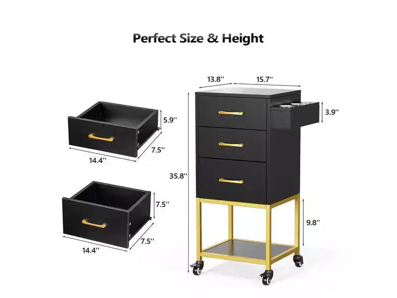 Karl Home Carrello portaoggetti nero in legno con ruote e 3 cassetti