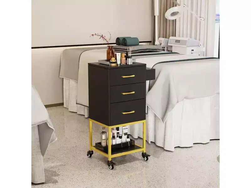 Karl Home Carrello portaoggetti nero in legno con ruote e 3 cassetti