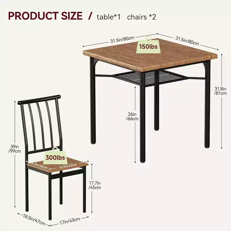 Ensemble table à manger de cuisine moderne carrée 2 pièces pour 2 personnes avec design compact, MDF et acier inoxydable