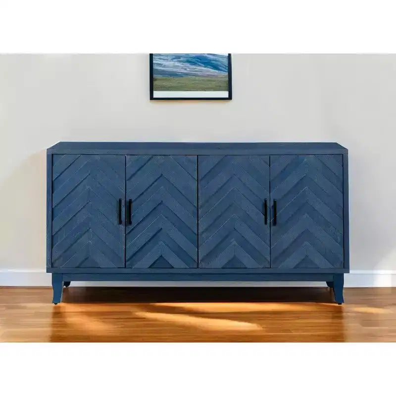 HomeRoots 60 credenza in legno blu testurizzato a spina di pesce con finitura anticata e quattro ante