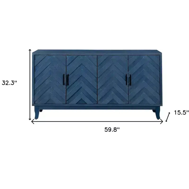 HomeRoots 60 credenza in legno blu testurizzato a spina di pesce con finitura anticata e quattro ante