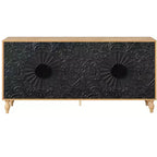 HomeRoots 68 Natural and Black Distressed Carved Floral Sideboard with Four Doors