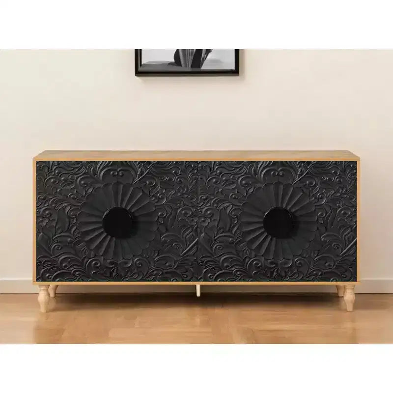 HomeRoots Buffet à fleurs sculpté vieilli naturel et noir avec quatre portes, 172 cm