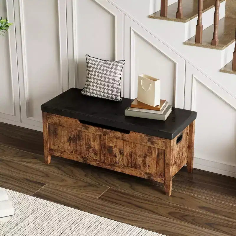TROPOW Storage Chest, Storage Trunk with Cushion Seat, 2 Safety Hinges, Storage Bench, Wooden Storage Organizer, Shoe Bench Easy Assembly