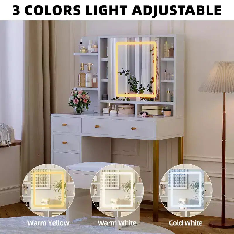 Table de maquillage, coiffeuse avec miroir lumineux LED et prise de courant, 3 modes d'éclairage