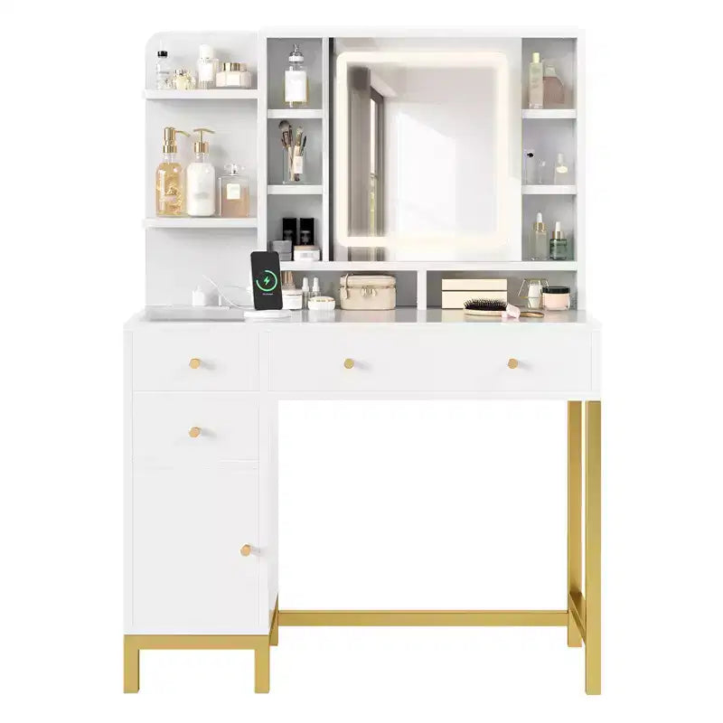 Table de maquillage, coiffeuse avec miroir lumineux LED et prise de courant, 3 modes d'éclairage