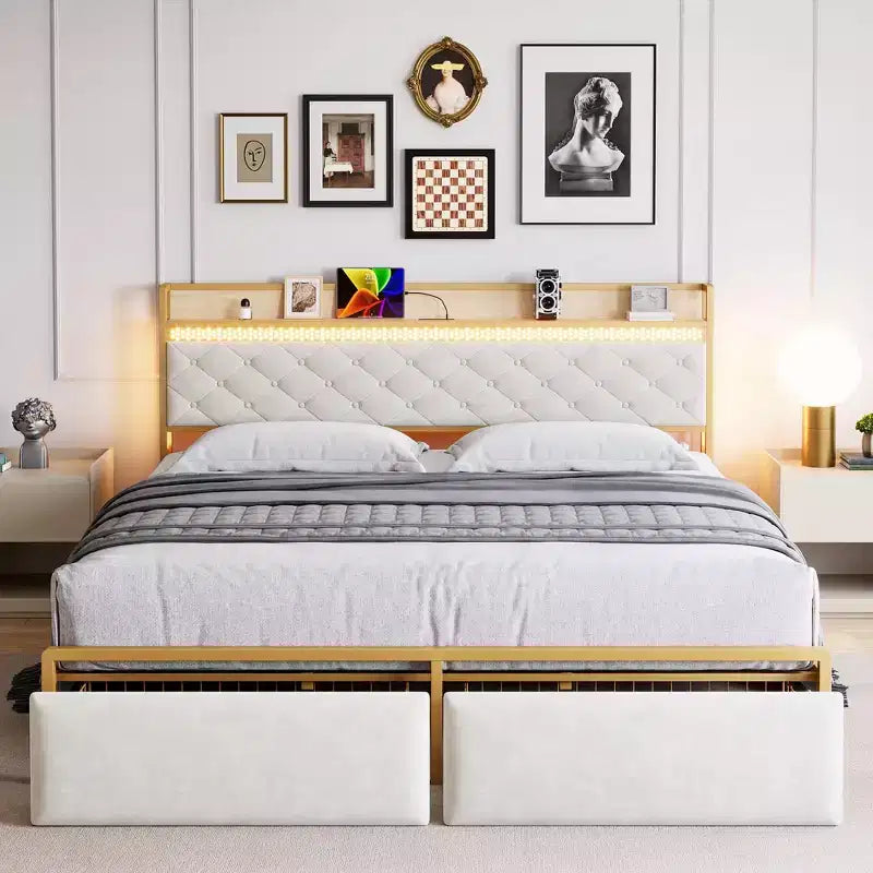 Bed Frame with Headboard and 2 Storage Drawers, Upholstered Platform Bed with Charging Station, Heavy Duty