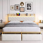 Bed Frame with Headboard and 2 Storage Drawers, Upholstered Platform Bed with Charging Station, Heavy Duty