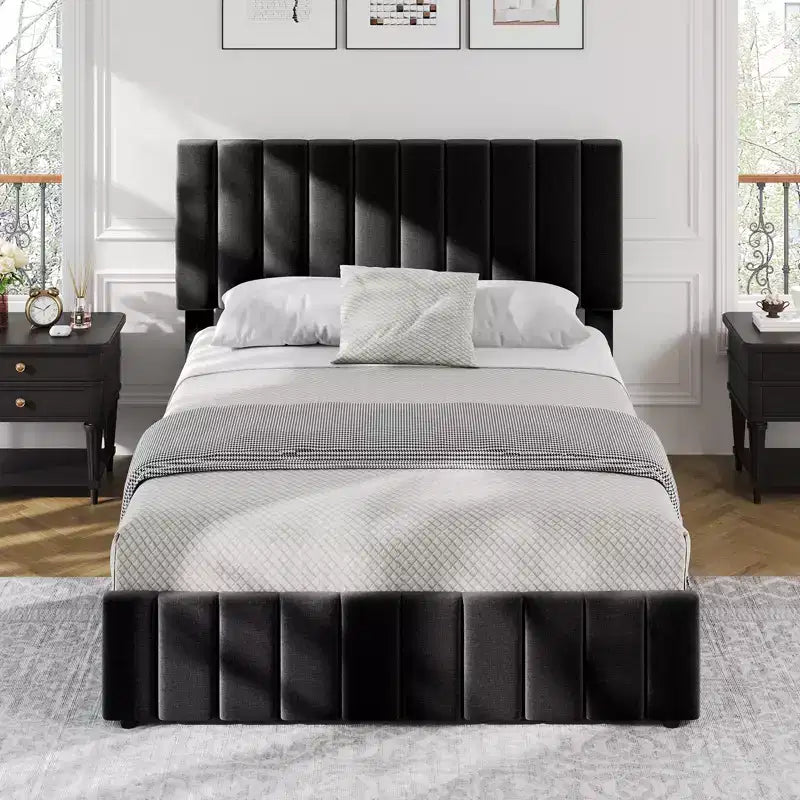 Cadre de lit avec tiroirs, Cadre de lit plateforme rembourré en similicuir et lin, Tête de lit réglable en hauteur