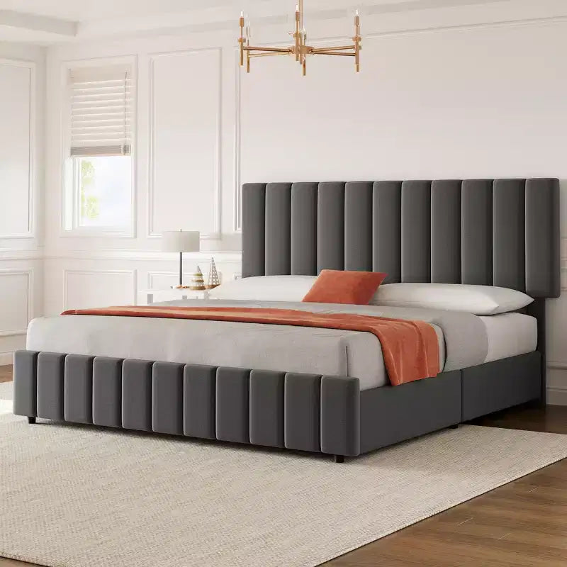 Struttura letto con cassetti, Letto a piattaforma rivestito in similpelle e lino, Testiera regolabile in altezza