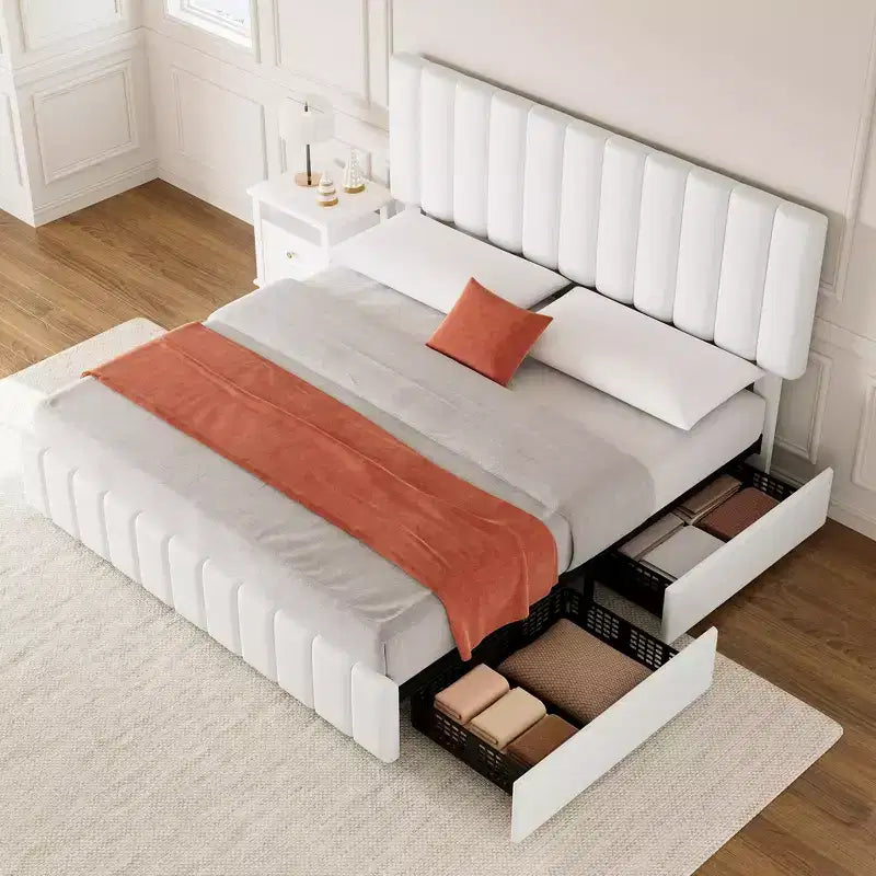 Struttura letto con cassetti, Letto a piattaforma rivestito in similpelle e lino, Testiera regolabile in altezza