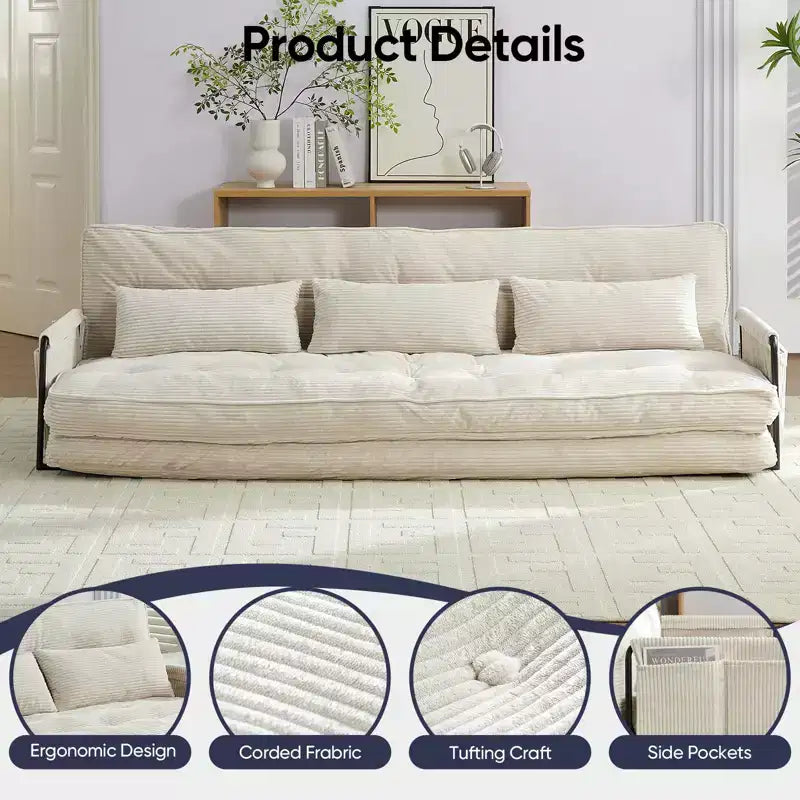 Mjkone Divano letto futon pieghevole multifunzionale, divano letto a 3 posti con cuscini, schienale regolabile in 6 posizioni