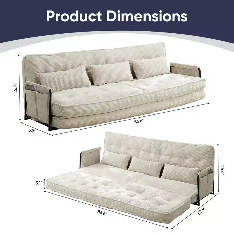 Mjkone Divano letto futon pieghevole multifunzionale, divano letto a 3 posti con cuscini, schienale regolabile in 6 posizioni