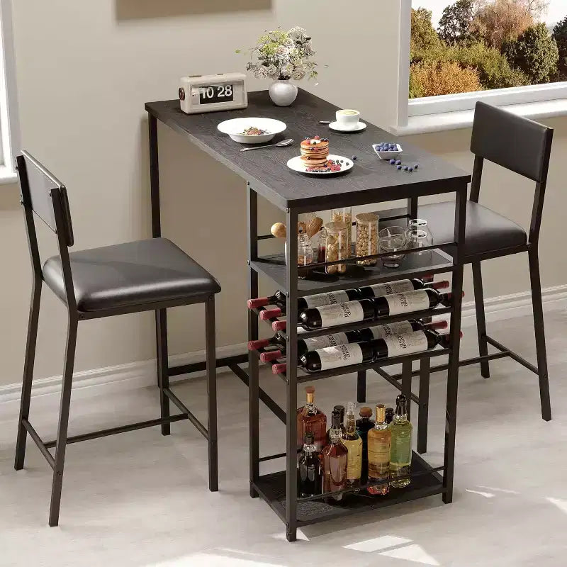Counter-Height Dining Set for 2 with Storage Shelves  Bistro Table & Upholstered Chairs, Space-Saving Kitchen Set for Apartments