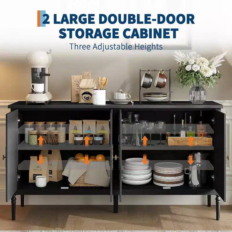 Buffet de 150 cm de large, Armoire de rangement de cuisine, Console en bois, Meuble décoratif de bar à café pour salon, salle à manger, entrée