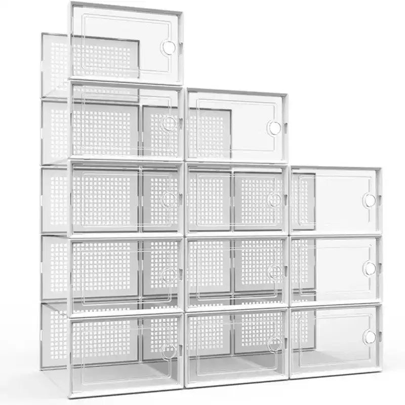 6 Pack Shoe Storage Box, Plastic Stackable Shoe Organizer for Closet, Space Saving Foldable Shoe Rack Sneaker Container Bin Holder White