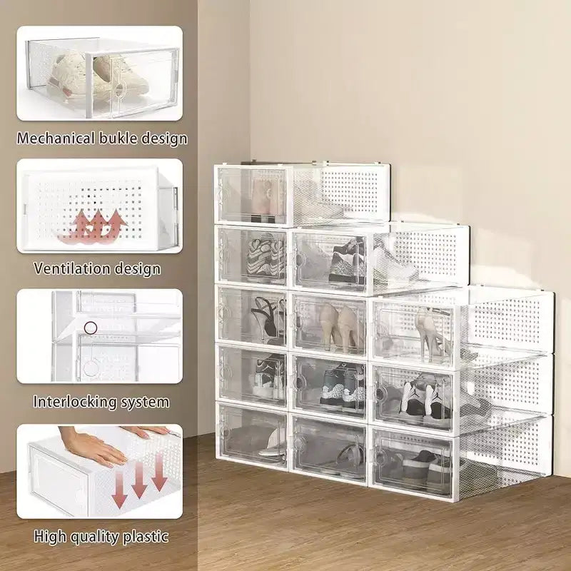 Scatola porta scarpe da 6 pezzi, organizer per scarpe impilabile in plastica per armadio, contenitore per scarpe da ginnastica salvaspazio pieghevole, bianco