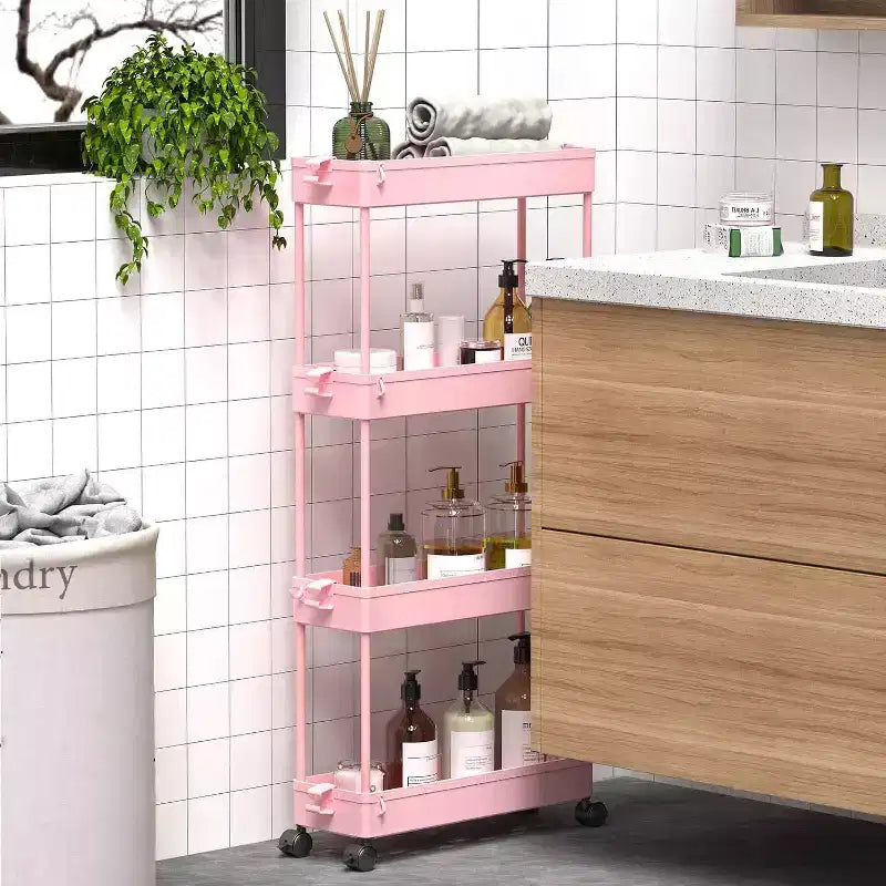 Carrello di stoccaggio stretto Tree City Pink a 4 ripiani con ruote - Organizer mobile multifunzione