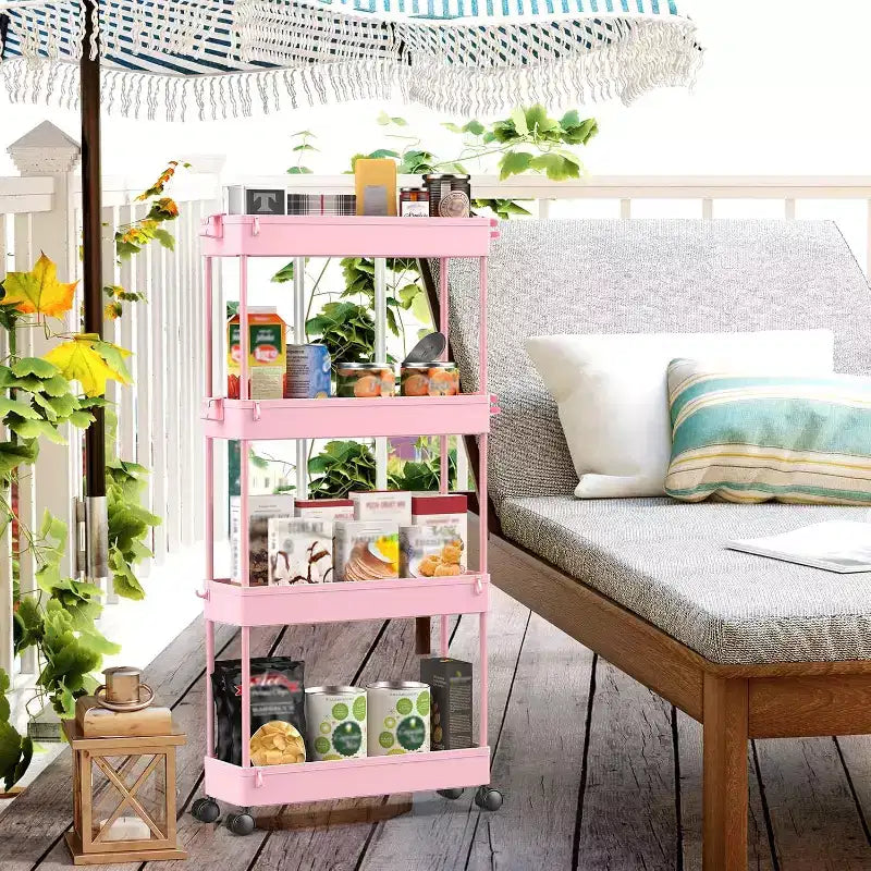 Chariot de rangement roulant mince à 4 niveaux Tree City Pink - Organisateur mobile multifonctionnel