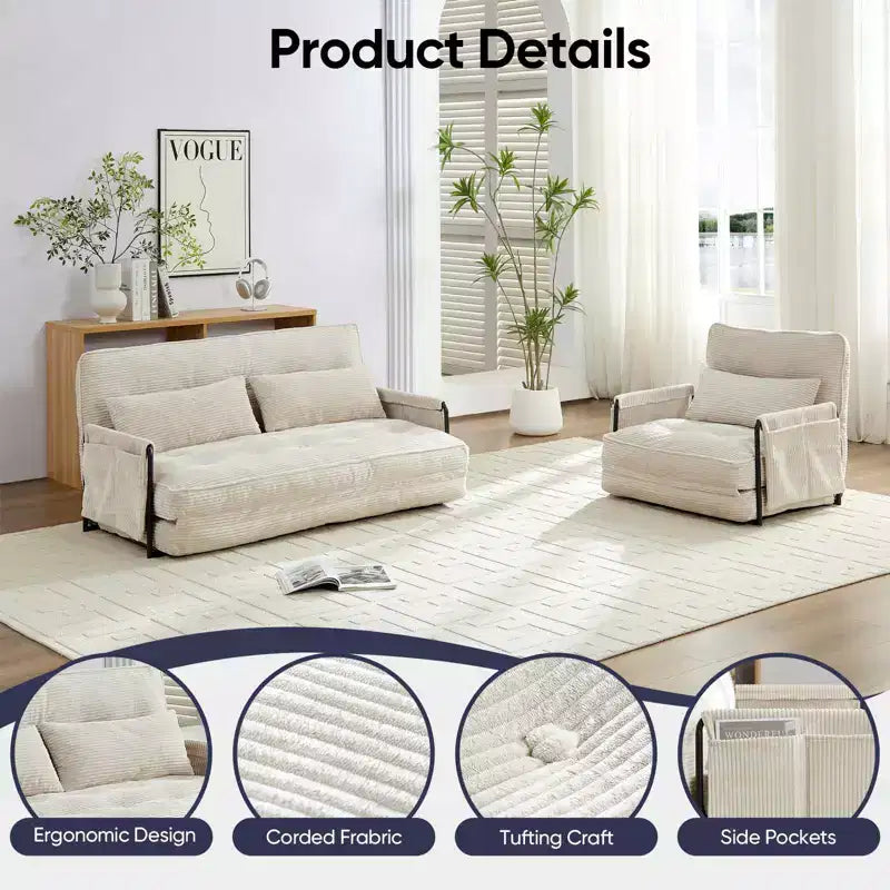 Mjkone Muti-Functional Folding Sofa Bed,Floor Sofa Bed Set,Lazy Sofa with Pillows,6 Position Adjustable Backrest