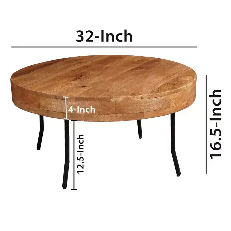 Tavolino Royal Hampton in legno di mango lavorato a mano, piano rotondo, gambe angolate in metallo nero, 81 cm -