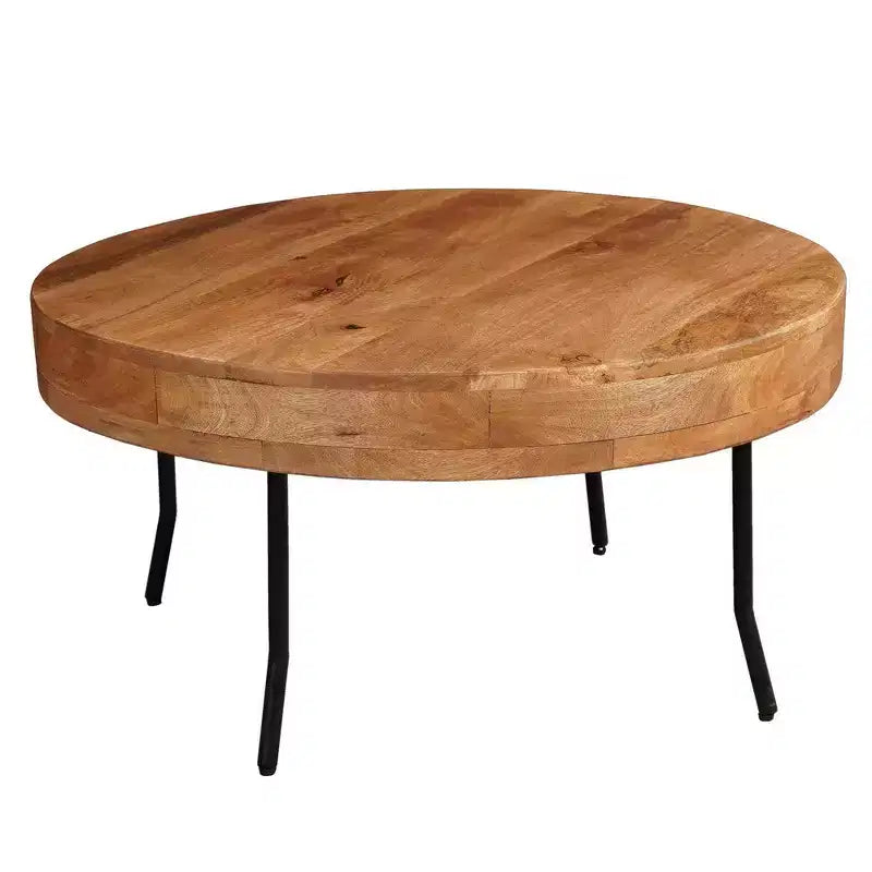 Tavolino Royal Hampton in legno di mango lavorato a mano, piano rotondo, gambe angolate in metallo nero, 81 cm -