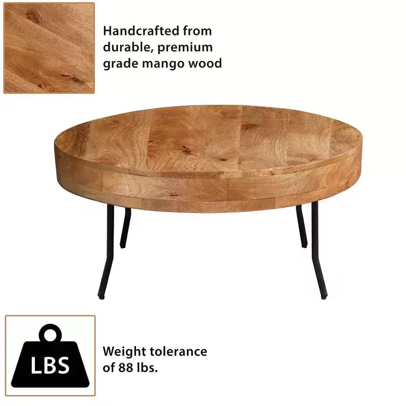 Tavolino Royal Hampton in legno di mango lavorato a mano, piano rotondo, gambe angolate in metallo nero, 81 cm -