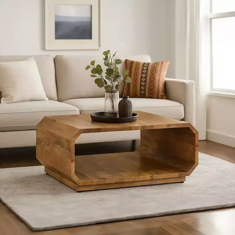 Royal Hampton Coffee Table Handcrafted Hollow Cube Shape Natural Brown Mango Wood, 30 Inch -