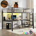 Twin XL/Full Metal Loft Bed with Power Outlet & LED Lights, Space-Saving Desk & Noise-Reduced Design, Black - CPC Certified - ModernLuxe