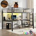Twin XL/Full Metal Loft Bed with Power Outlet & LED Lights, Space-Saving Desk & Noise-Reduced Design, Black - CPC Certified - ModernLuxe