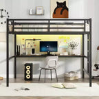 Lit mezzanine en métal Twin XL/Full avec prise de courant et lumières LED, bureau peu encombrant et design silencieux, noir - Certifié CPC - ModernLuxe