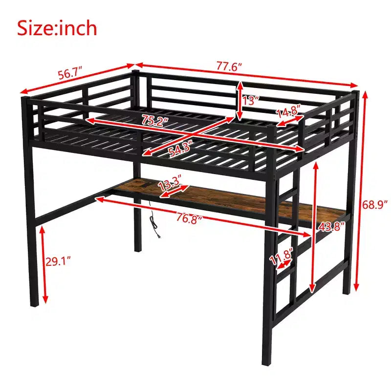 Lit mezzanine en métal Twin XL/Full avec prise de courant et lumières LED, bureau peu encombrant et design silencieux, noir - Certifié CPC - ModernLuxe