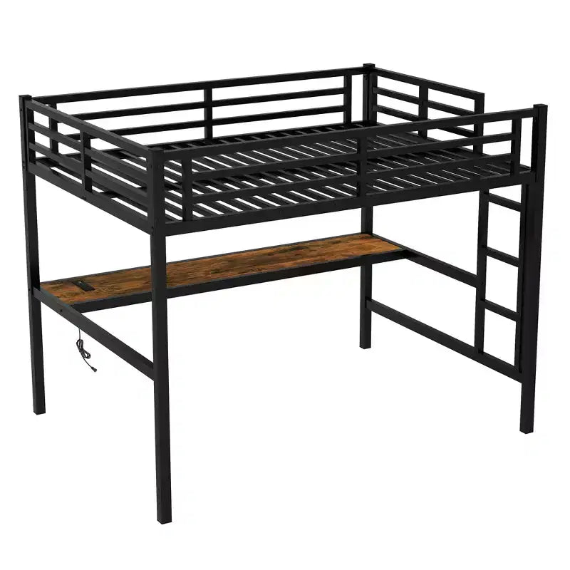 Lit mezzanine en métal Twin XL/Full avec prise de courant et lumières LED, bureau peu encombrant et design silencieux, noir - Certifié CPC - ModernLuxe