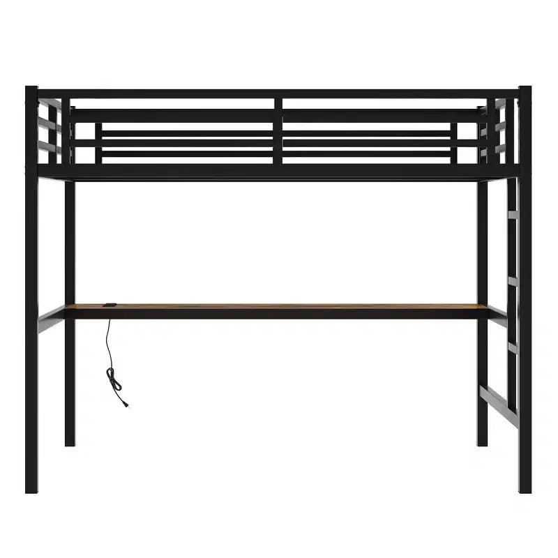Lit mezzanine en métal Twin XL/Full avec prise de courant et lumières LED, bureau peu encombrant et design silencieux, noir - Certifié CPC - ModernLuxe