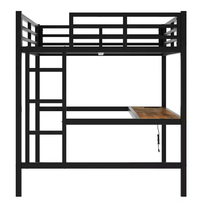 Lit mezzanine en métal Twin XL/Full avec prise de courant et lumières LED, bureau peu encombrant et design silencieux, noir - Certifié CPC - ModernLuxe