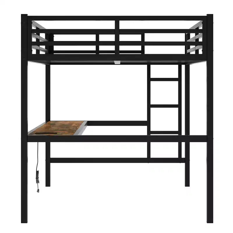 Lit mezzanine en métal Twin XL/Full avec prise de courant et lumières LED, bureau peu encombrant et design silencieux, noir - Certifié CPC - ModernLuxe