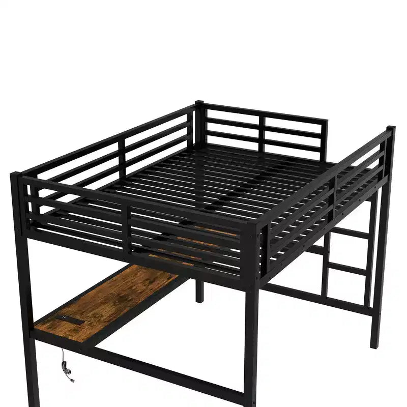 Lit mezzanine en métal Twin XL/Full avec prise de courant et lumières LED, bureau peu encombrant et design silencieux, noir - Certifié CPC - ModernLuxe