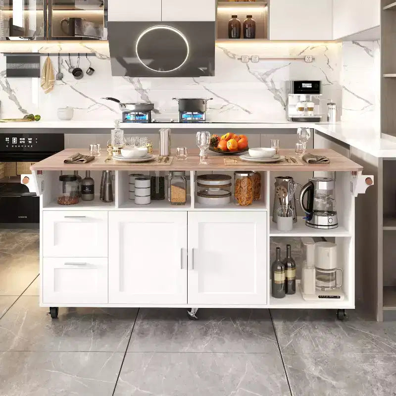 Famapy Multifunctional Mobile Kitchen Island Sideboard Kitchen Table: Foldable Countertop & Multiple Storage Spaces