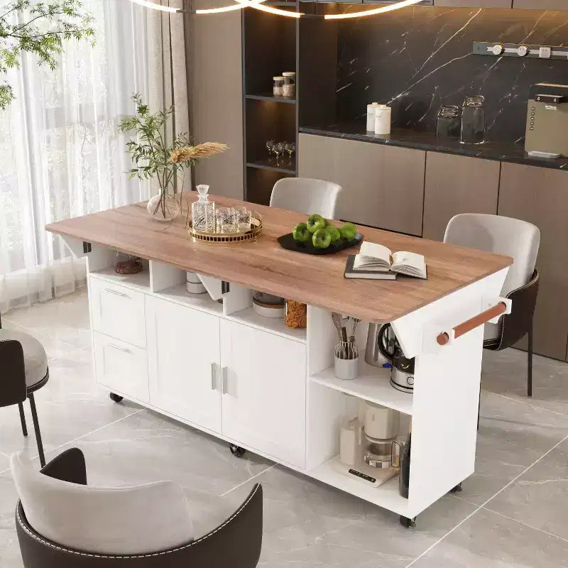 Famapy Table de cuisine mobile multifonctionnelle avec îlot, table de cuisine : Plan de travail pliable et multiples espaces de rangement