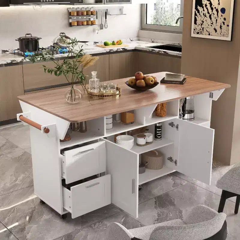 Famapy Table de cuisine mobile multifonctionnelle avec îlot, table de cuisine : Plan de travail pliable et multiples espaces de rangement