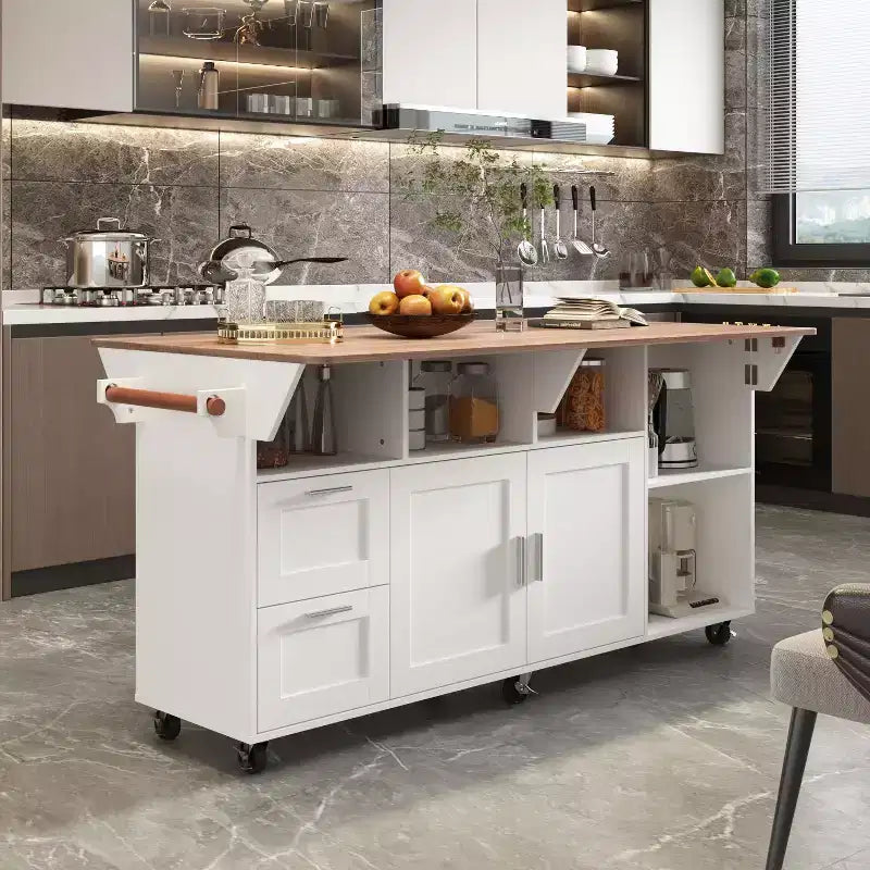 Famapy Table de cuisine mobile multifonctionnelle avec îlot, table de cuisine : Plan de travail pliable et multiples espaces de rangement