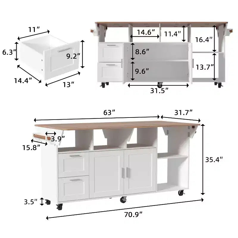 Famapy Table de cuisine mobile multifonctionnelle avec îlot, table de cuisine : Plan de travail pliable et multiples espaces de rangement
