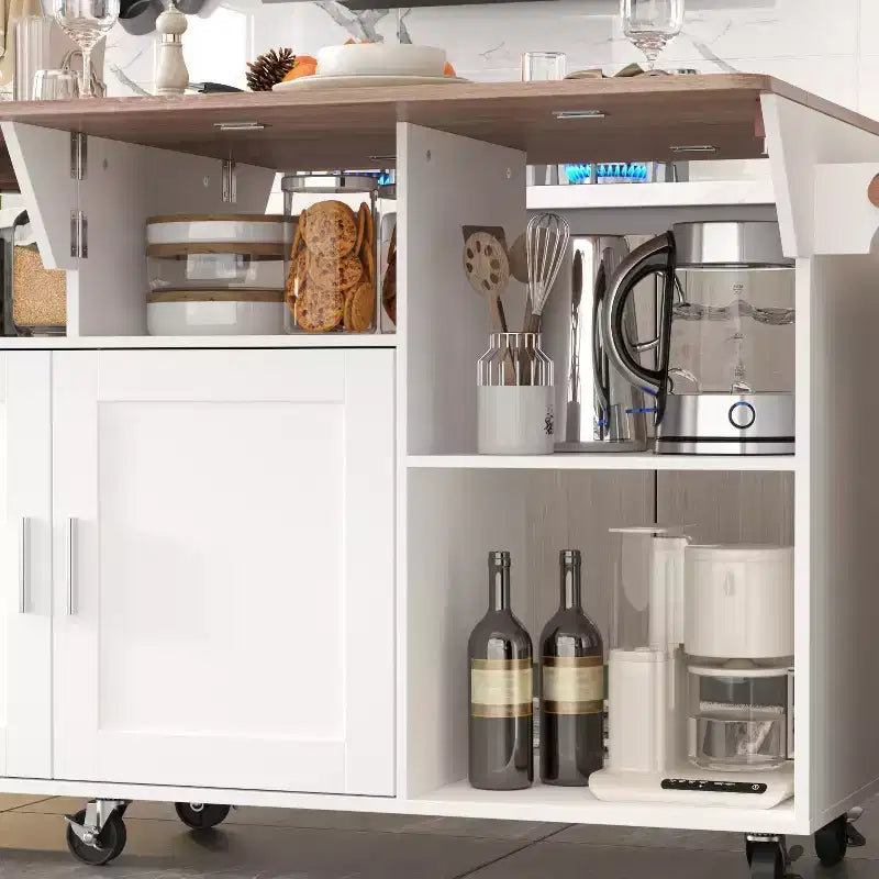 Famapy Table de cuisine mobile multifonctionnelle avec îlot, table de cuisine : Plan de travail pliable et multiples espaces de rangement