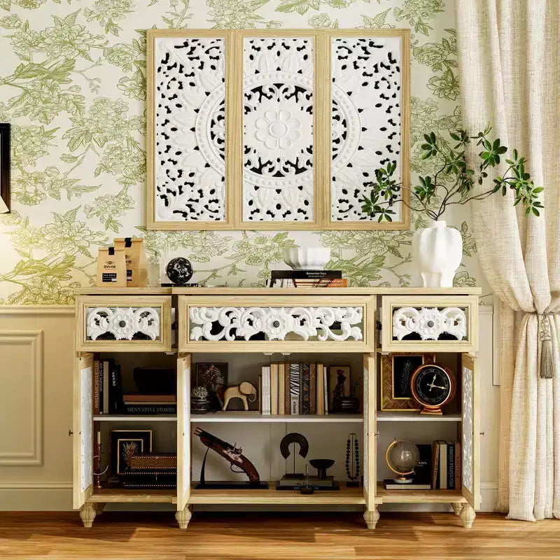 Étagères Famapy Bibliothèque Meuble de rangement en bois rustique avec portes sculptées et meuble de rangement mural assorti en prime