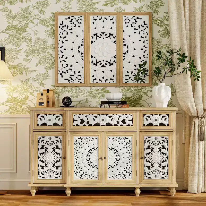Étagères Famapy Bibliothèque Meuble de rangement en bois rustique avec portes sculptées et meuble de rangement mural assorti en prime