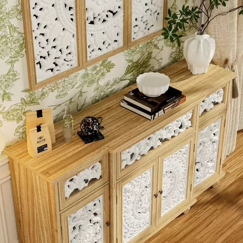 Étagères Famapy Bibliothèque Meuble de rangement en bois rustique avec portes sculptées et meuble de rangement mural assorti en prime