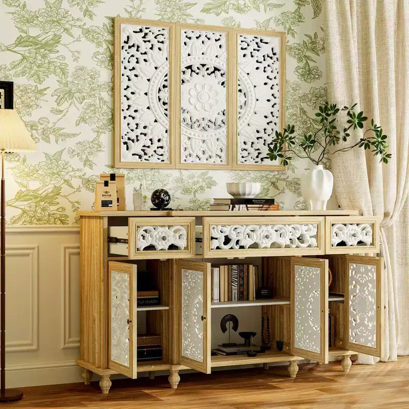 Étagères Famapy Bibliothèque Meuble de rangement en bois rustique avec portes sculptées et meuble de rangement mural assorti en prime